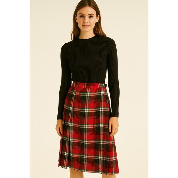 Laird Portch Scotland Vintage Plaid Tartan Wool Pleated A-Line Skirt Red US 12 - Picture 1 of 16